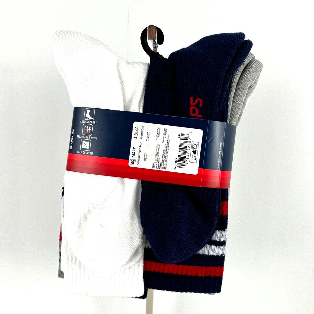 NEW Chaps Men’s Racer Stripe Athletic Crew Socks 6 Pairs Shoe Size 6-12.5 W/Tags